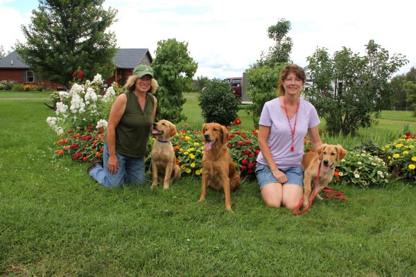 Joan with Jake, proud mama Panda, Diane with Shimmer